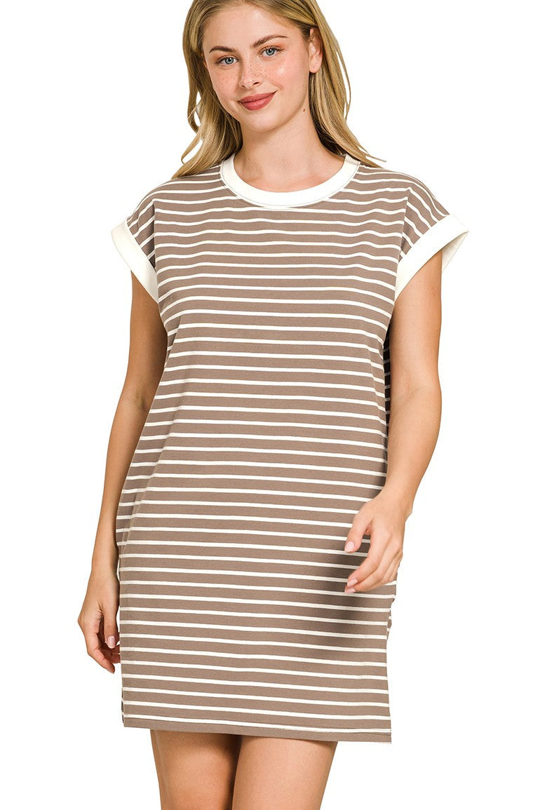 Striped Contrast Trim Banded T-Shirt Dress | Mocha