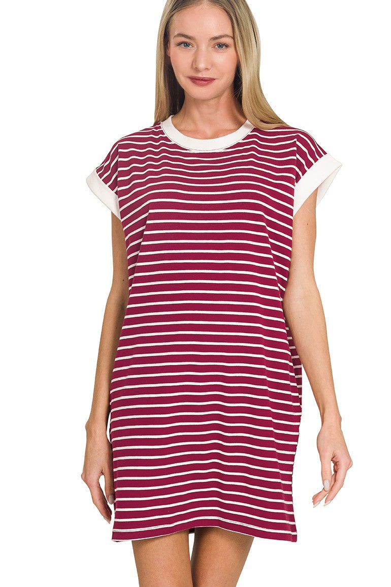 Striped Contrast Trim Banded T-Shirt Dress | Cabernet