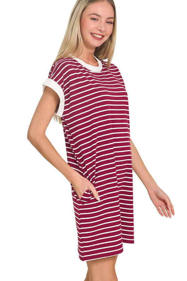 Striped Contrast Trim Banded T-Shirt Dress | Cabernet