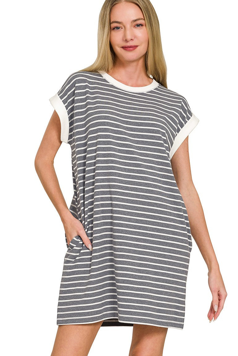 Striped Contrast Trim Banded T-Shirt Dress | Charcoal