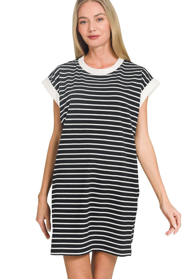 Striped Contrast Trim Banded T-Shirt Dress | Black