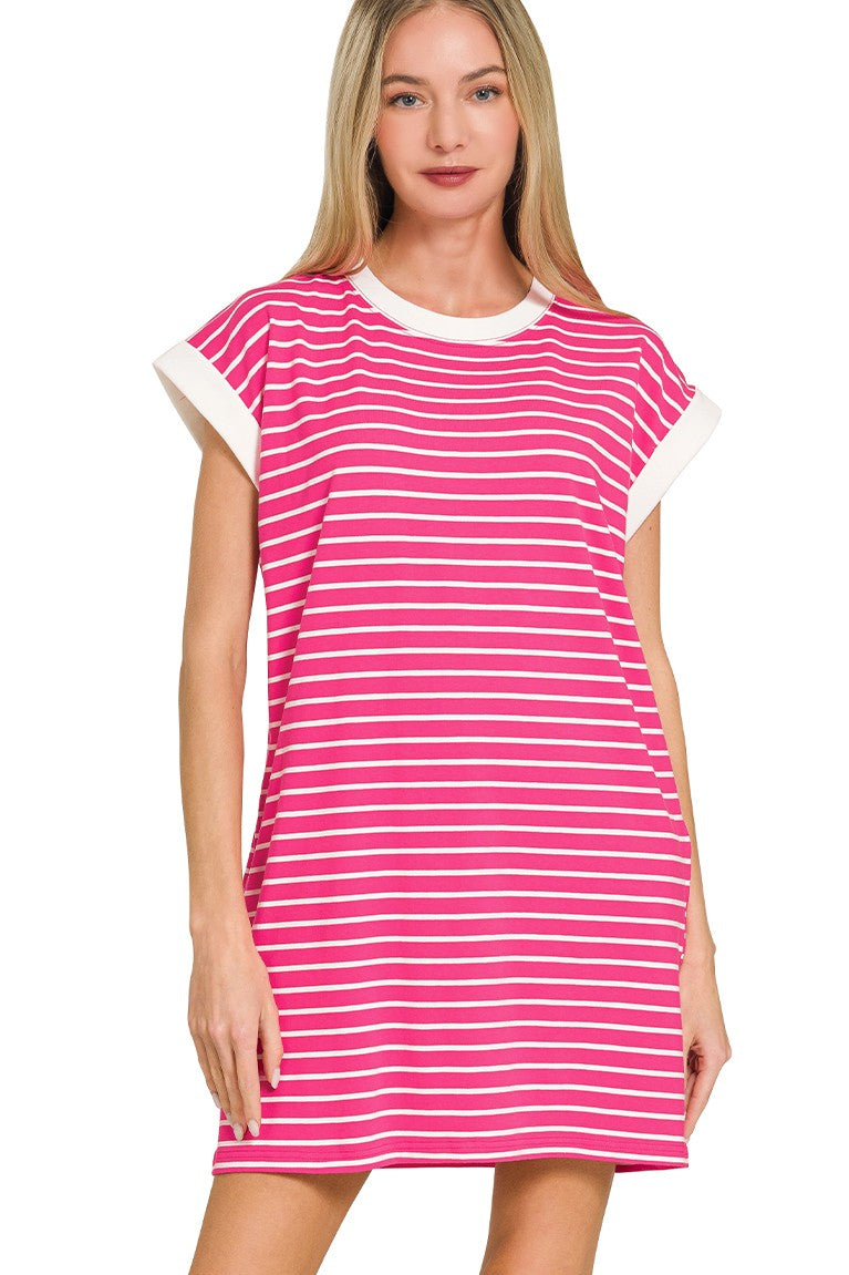 Striped Contrast Trim Banded T-Shirt Dress | Hot Pink