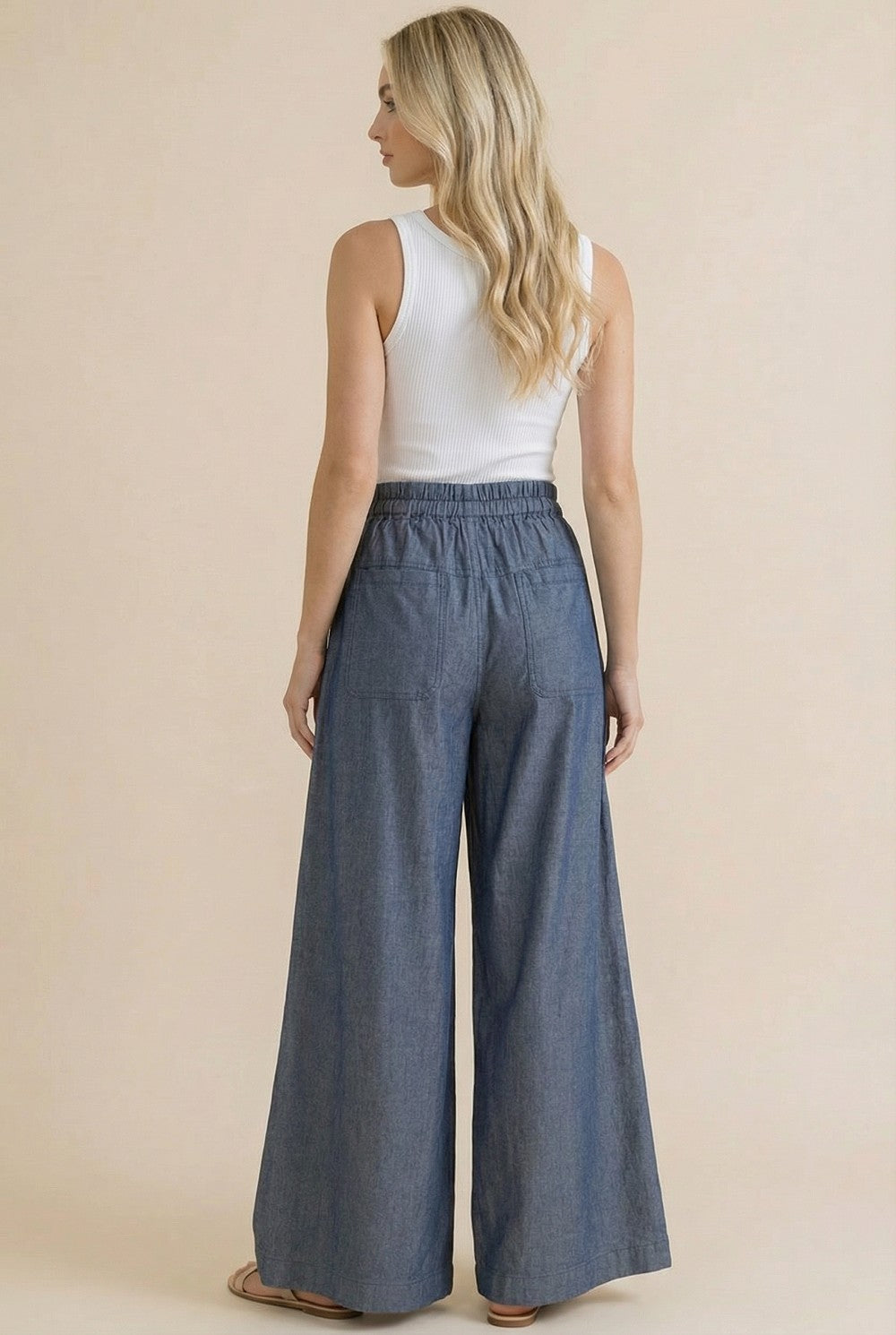 Chambray Button Down Wide Leg Pants | Denim
