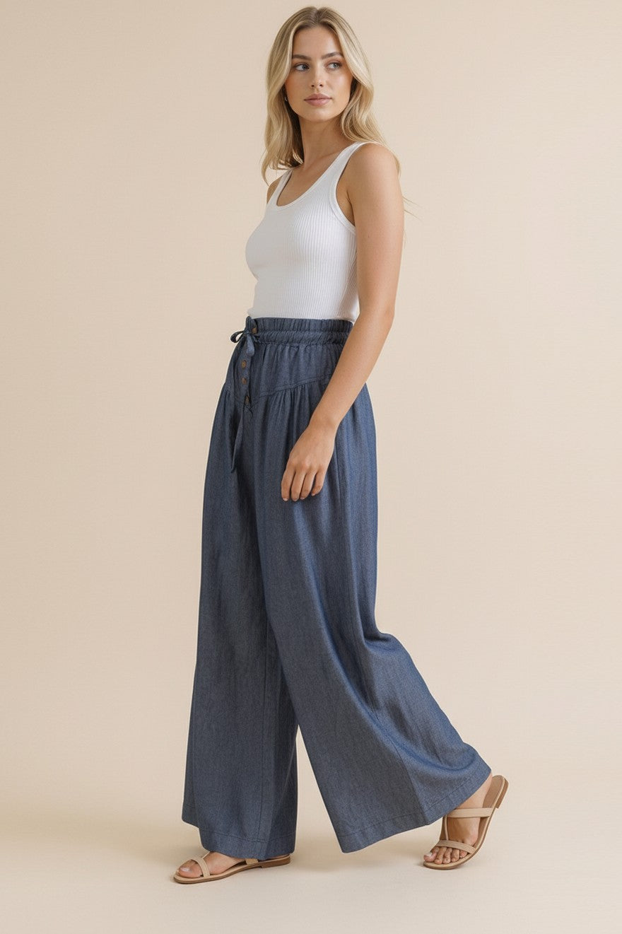 Chambray Button Down Wide Leg Pants | Denim
