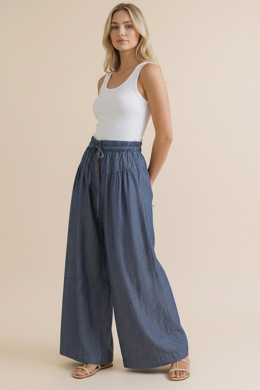 Chambray Button Down Wide Leg Pants | Denim