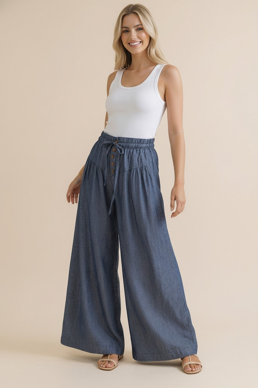 Chambray Button Down Wide Leg Pants | Denim