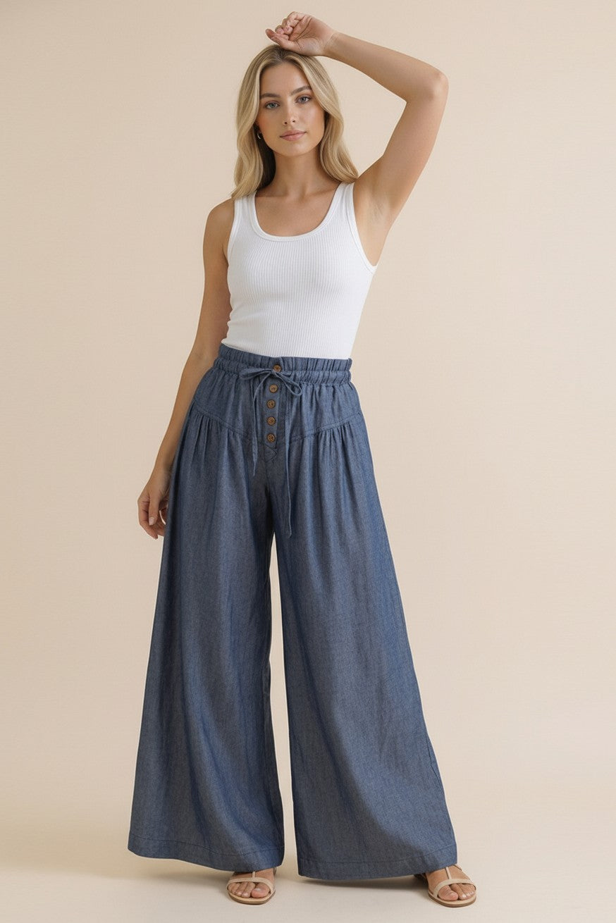 Chambray Button Down Wide Leg Pants | Denim