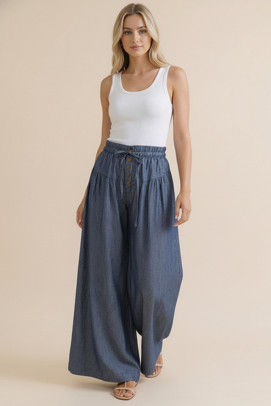 Chambray Button Down Wide Leg Pants | Denim