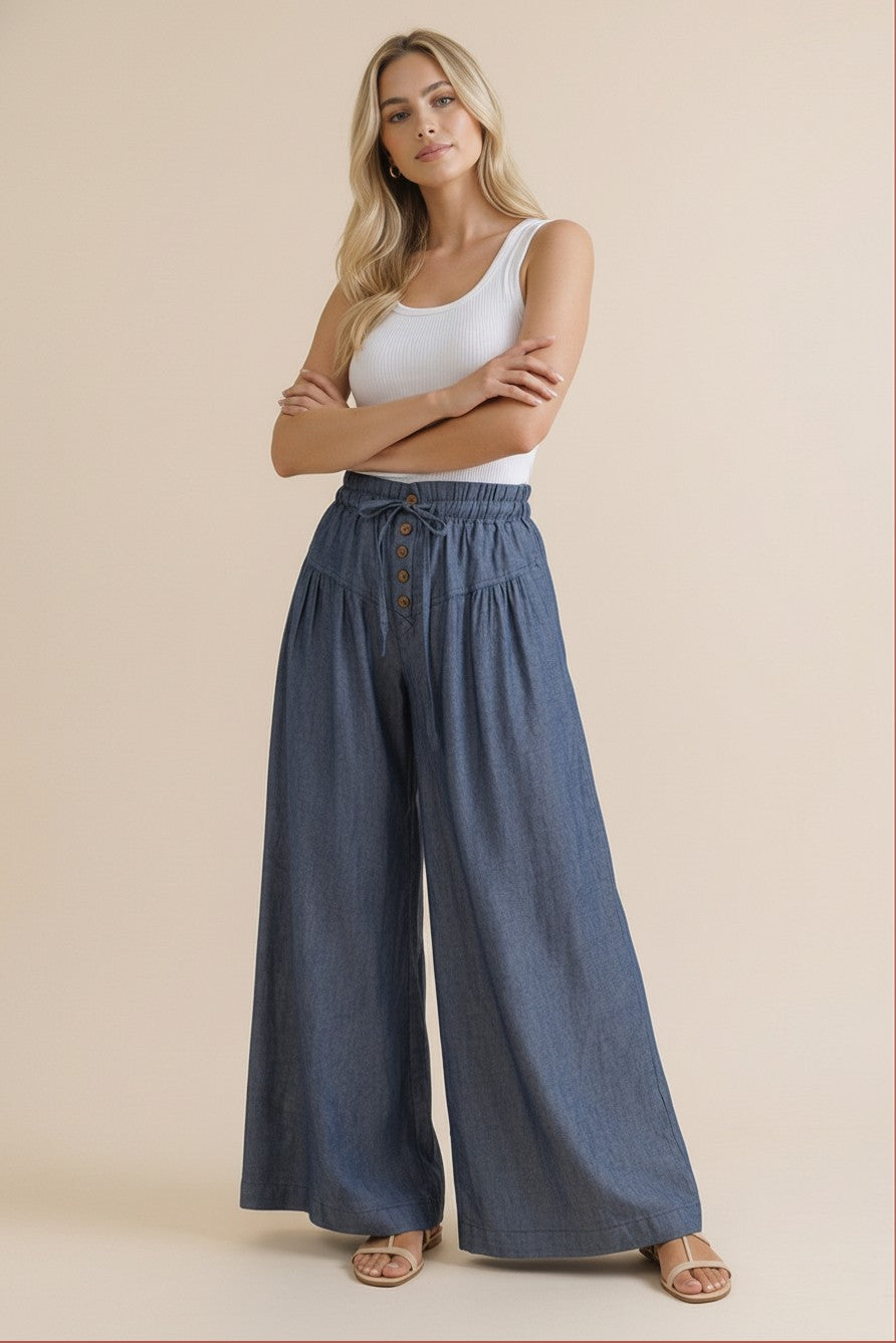 Chambray Button Down Wide Leg Pants | Denim