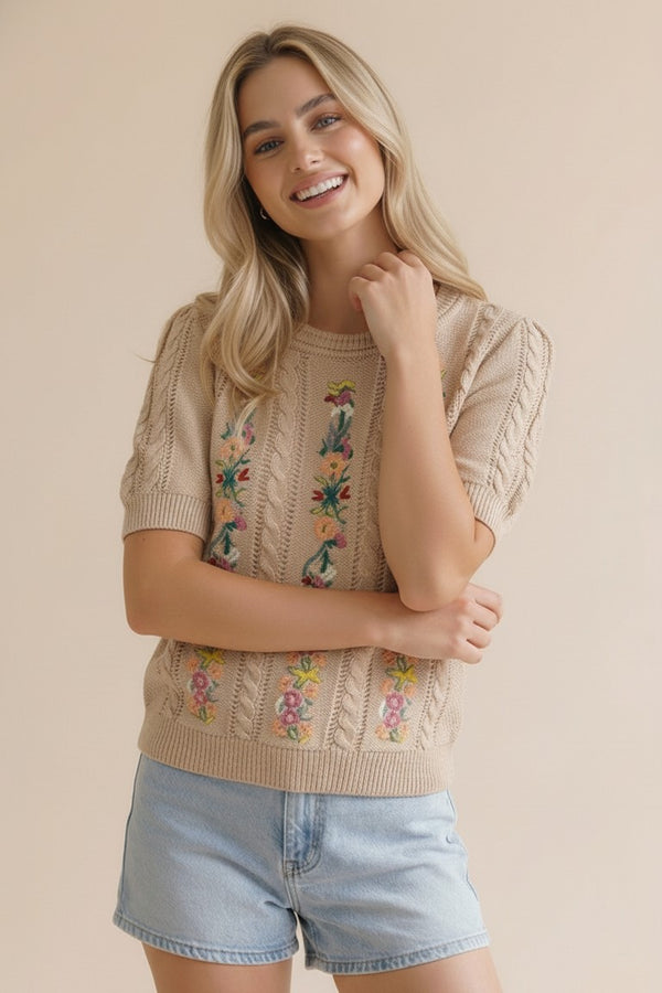 Cable Patterned Floral Embroidery Top | Taupe