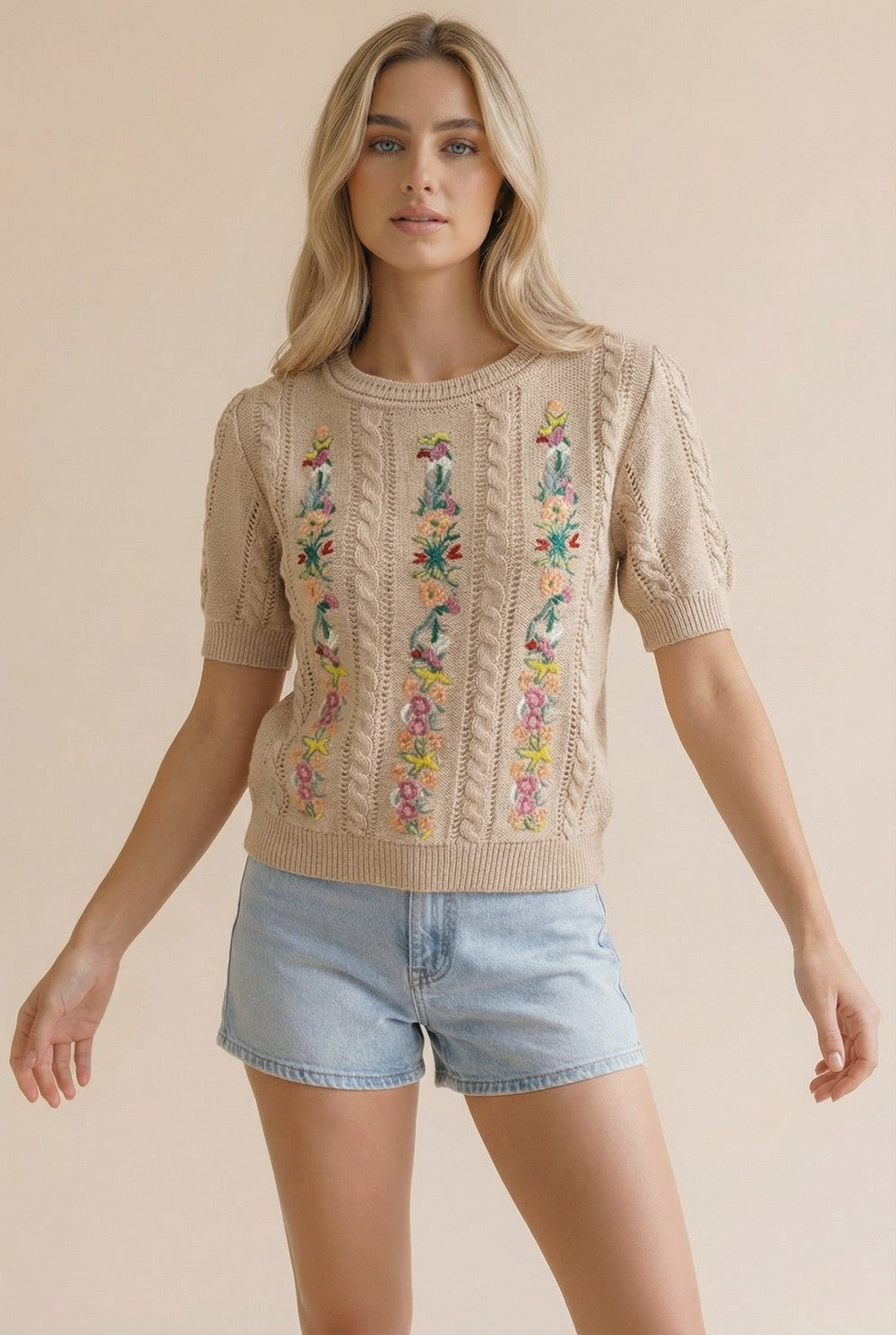 Cable Patterned Floral Embroidery Top | Taupe