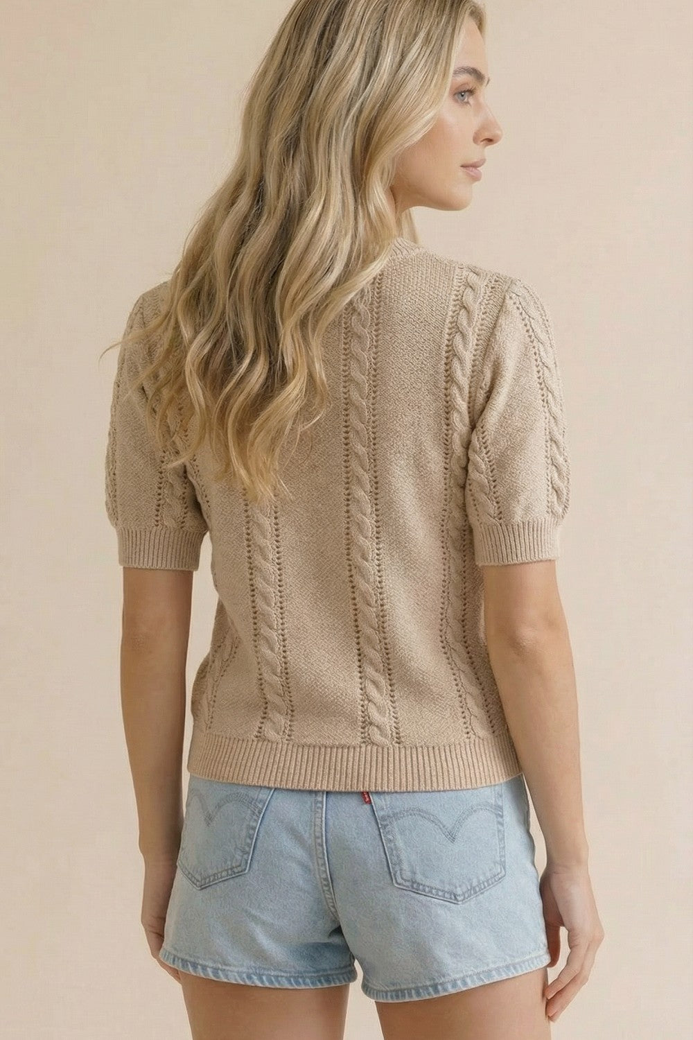 Cable Patterned Floral Embroidery Top | Taupe