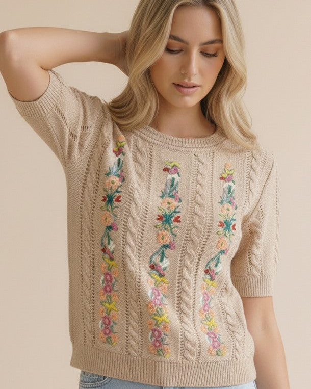 Cable Patterned Floral Embroidery Top | Taupe