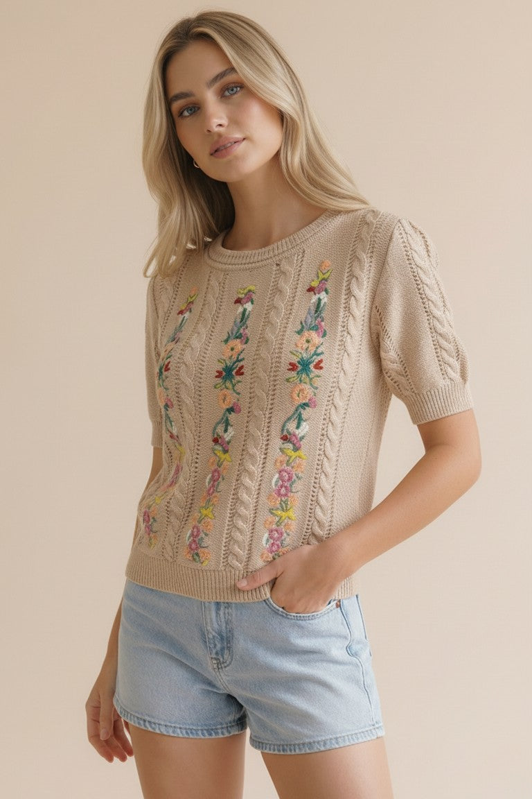 Cable Patterned Floral Embroidery Top | Taupe