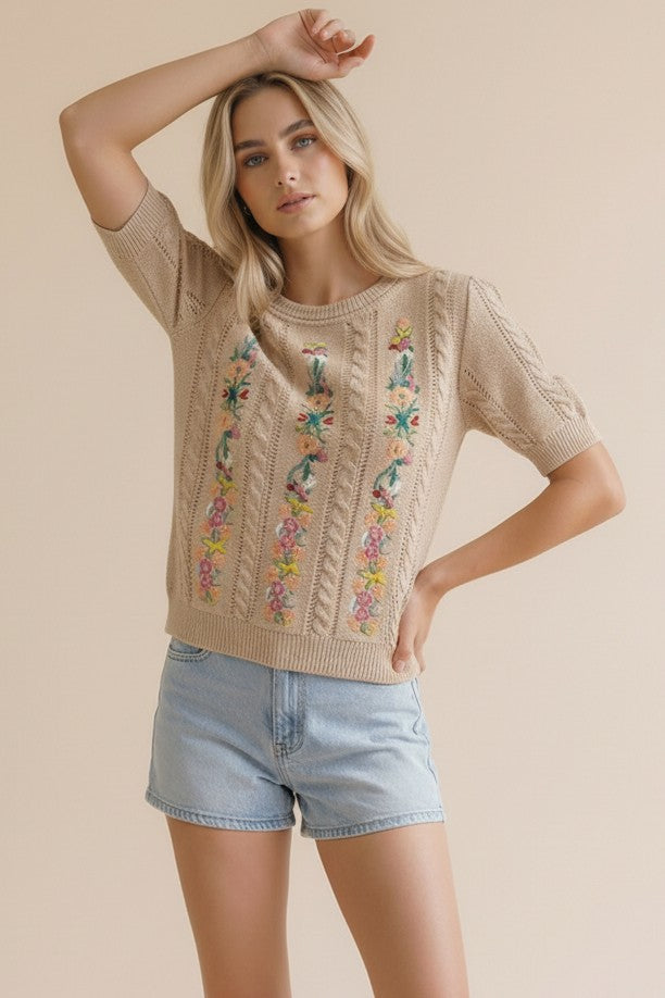 Cable Patterned Floral Embroidery Top | Taupe