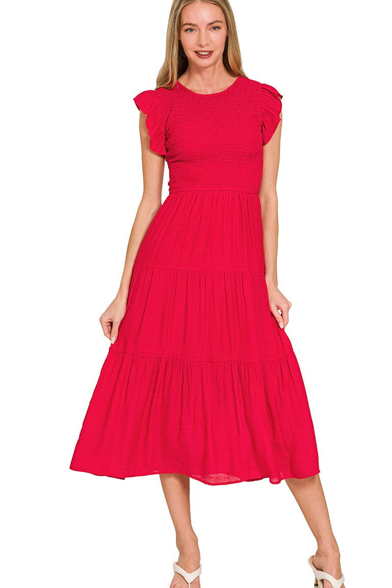 Smocked Ruffled Sleeve Midi Dress | Red