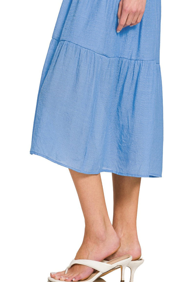 Smocked Ruffled Sleeve Midi Dress | Blue