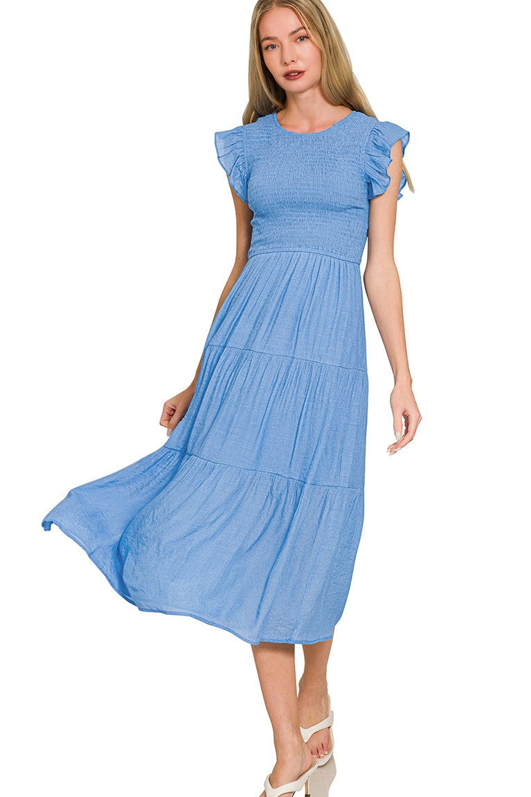 Smocked Ruffled Sleeve Midi Dress | Blue