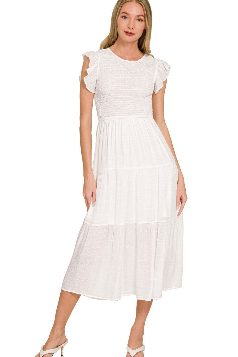 Smocked Ruffled Sleeve Midi Dress | White