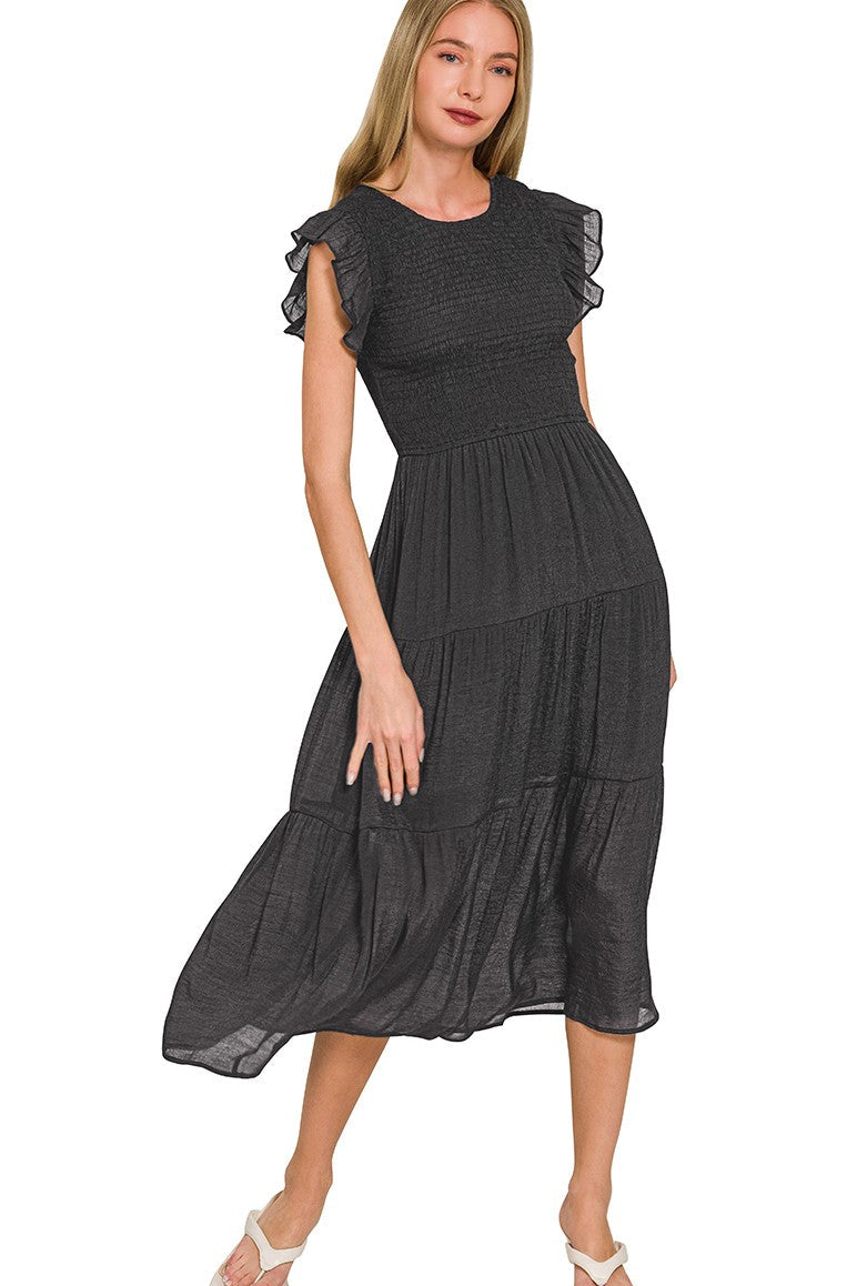Smocked Ruffled Sleeve Midi Dress | Black
