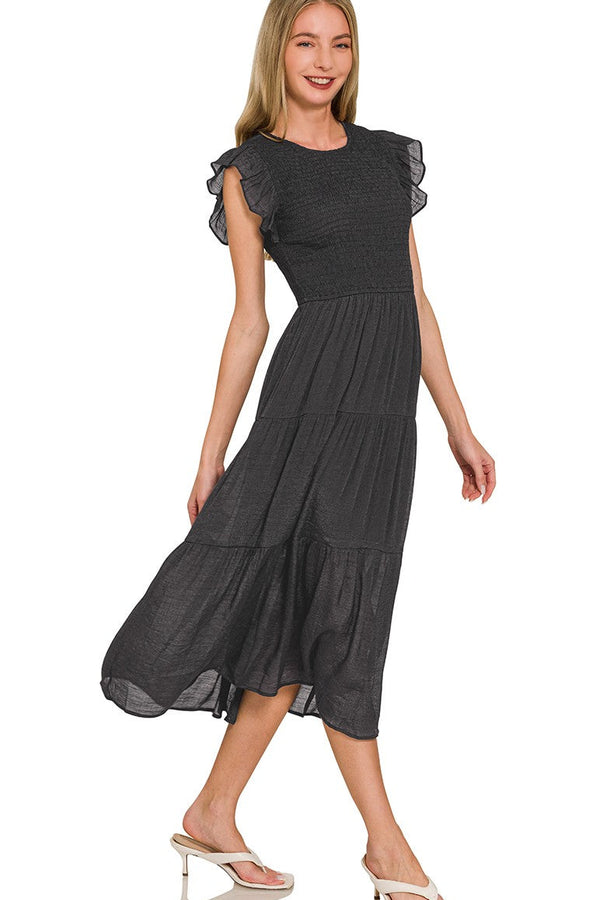 Smocked Ruffled Sleeve Midi Dress | Black