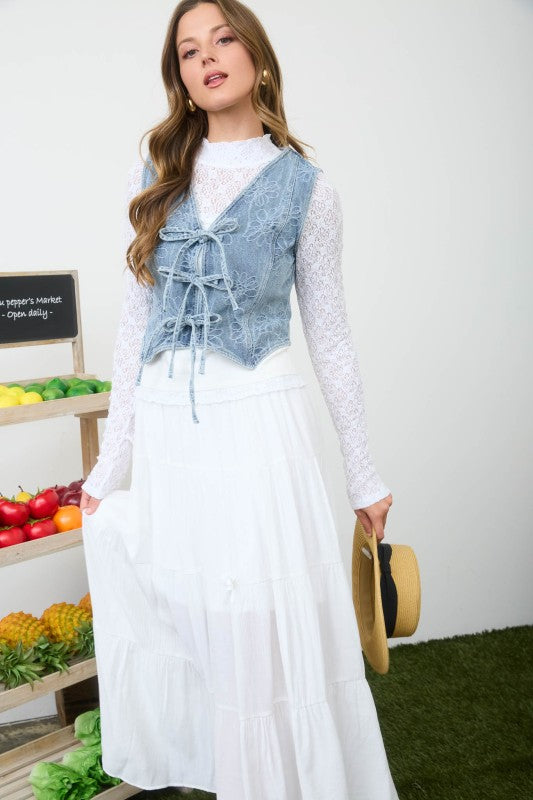 Floral Washed Denim Tie Front Vest