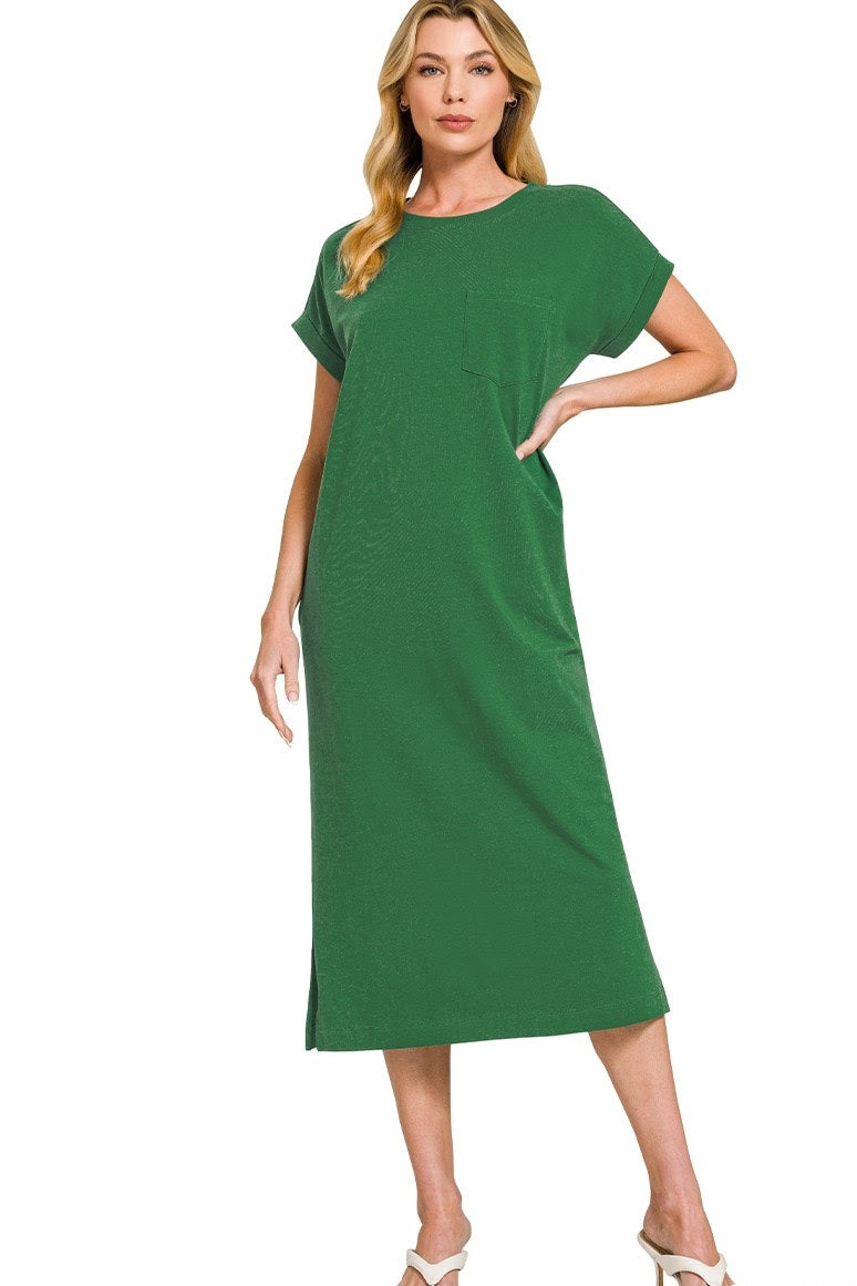 Basic Short Sleeve Midi Dress | Dark Green