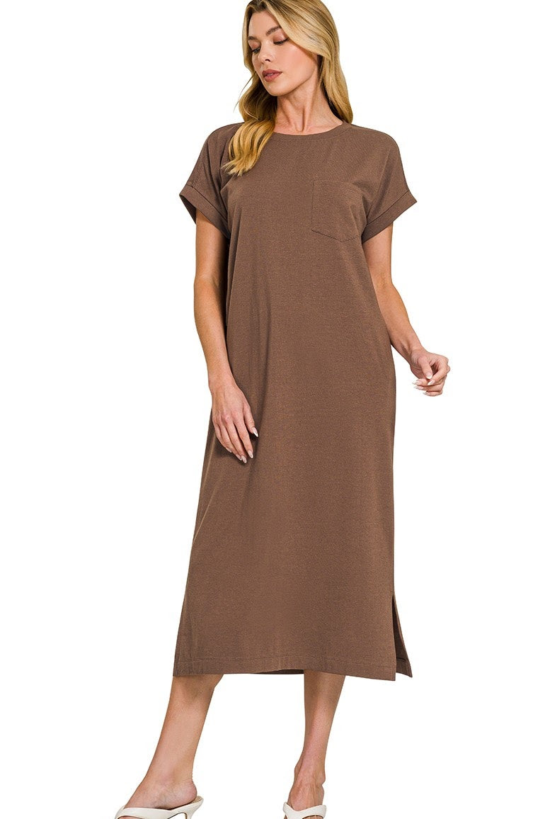 Basic Short Sleeve Midi Dress | Brown