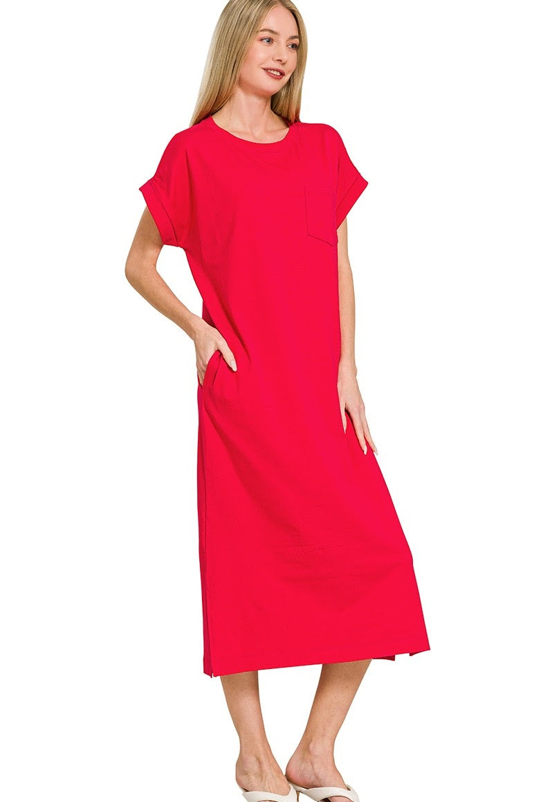 Basic Short Sleeve Midi Dress | Red