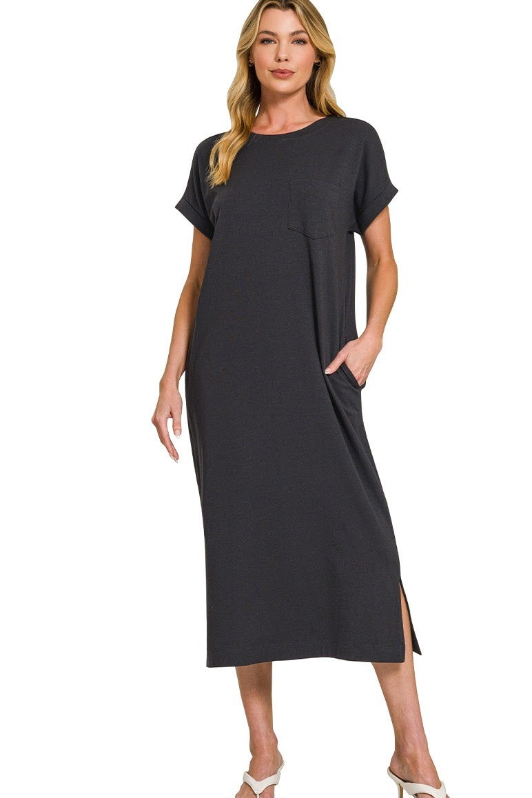 Basic Short Sleeve Midi Dress | Black