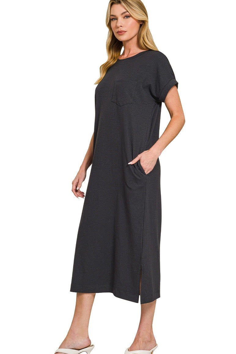 Basic Short Sleeve Midi Dress | Black