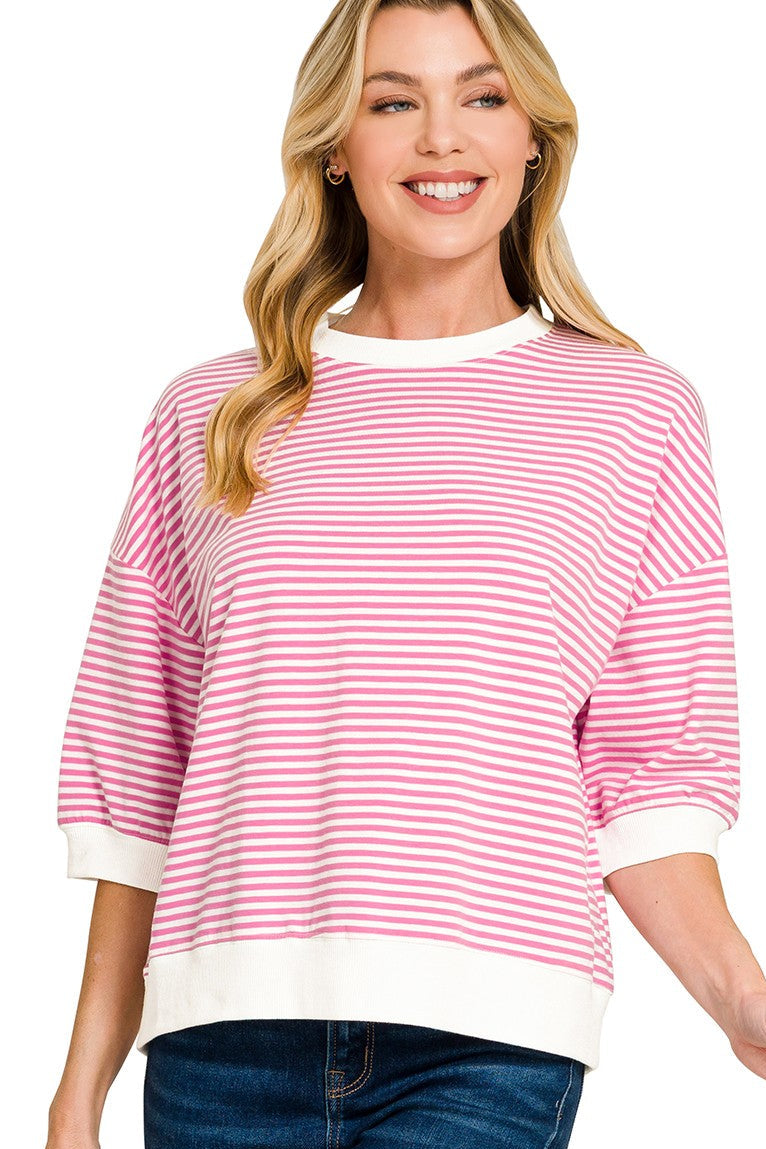 Striped Contrast Trim Banded Top | Candy Pink