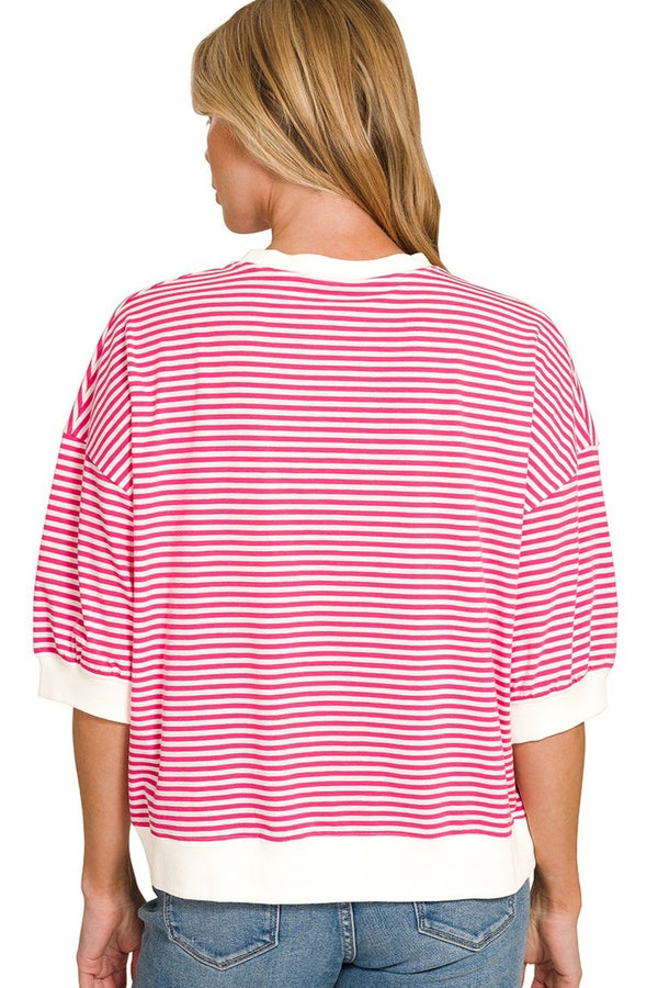 Striped Ribbed Banded Top | Hot Pink