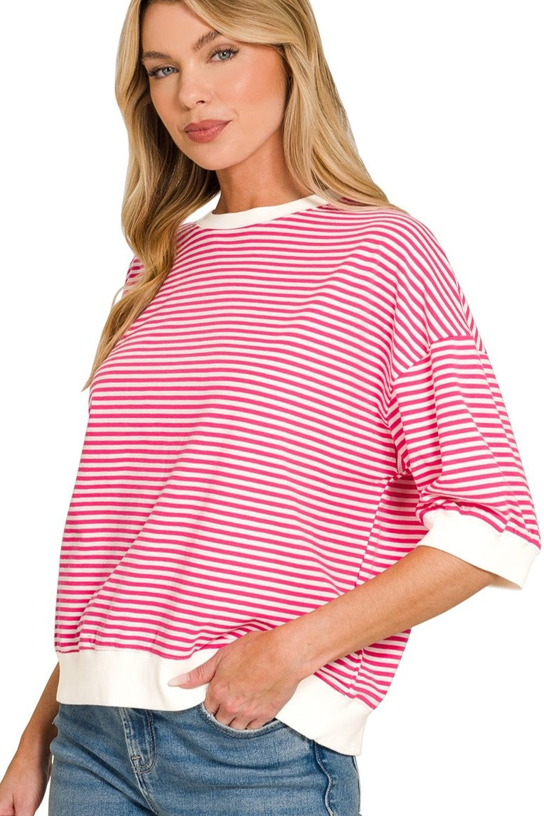 Striped Ribbed Banded Top | Hot Pink