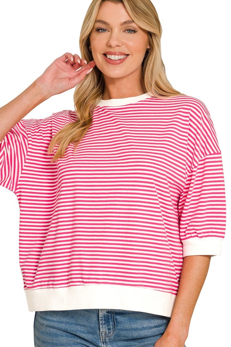 Striped Ribbed Banded Top | Hot Pink