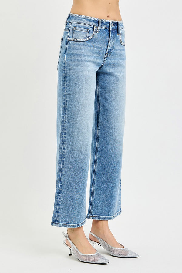 Risen Jeans | High Rise Crop Wide w/ Embroidered Detail