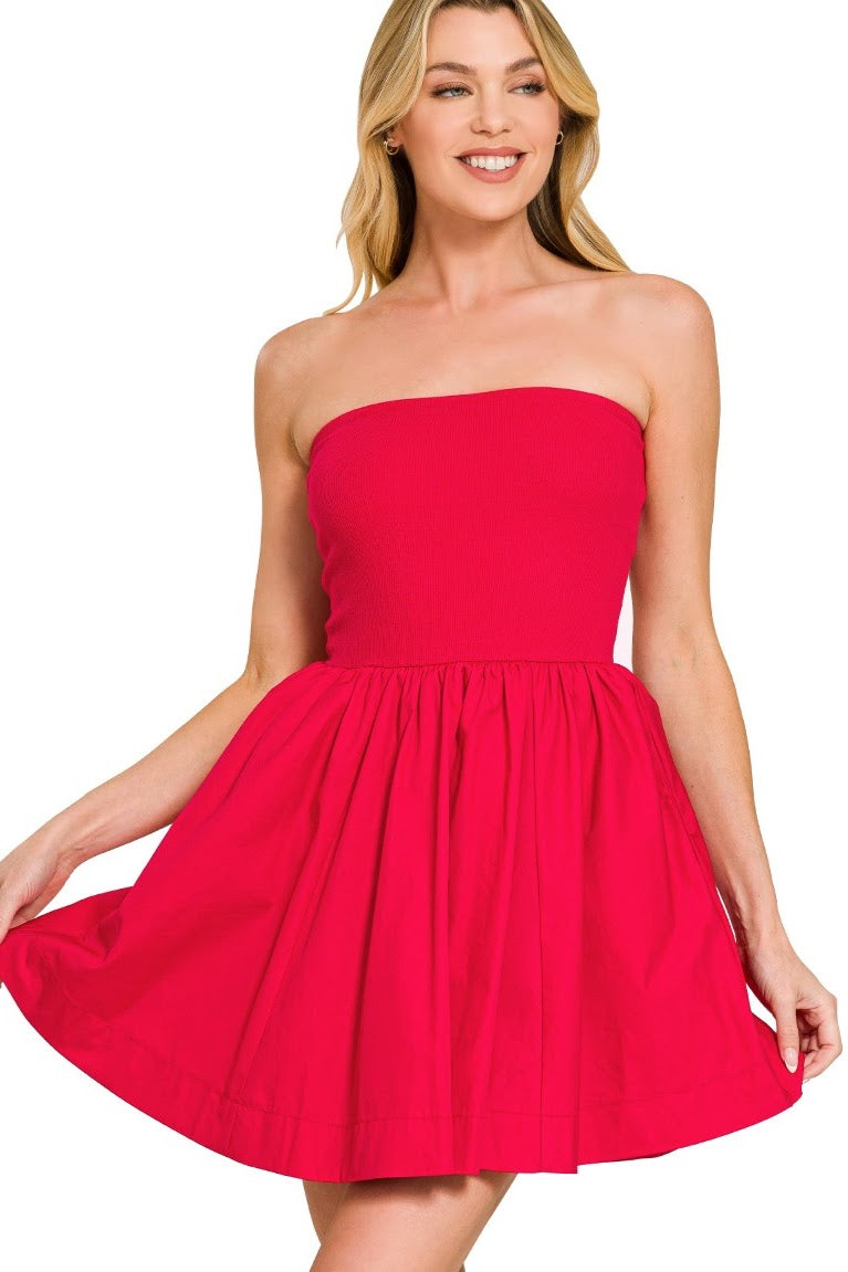 Tube Top Fit & Flare Dress | Red