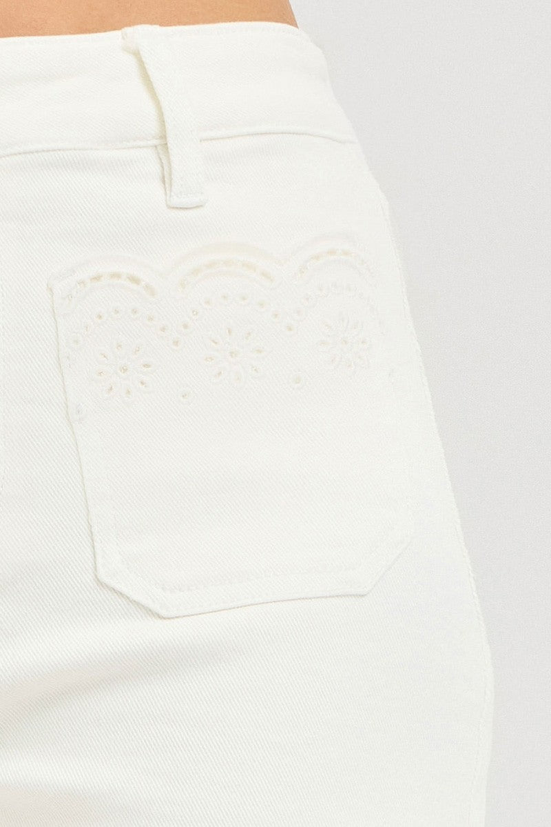 Risen Denim Shorts | Cream Scalloped Eyelet Embroidered