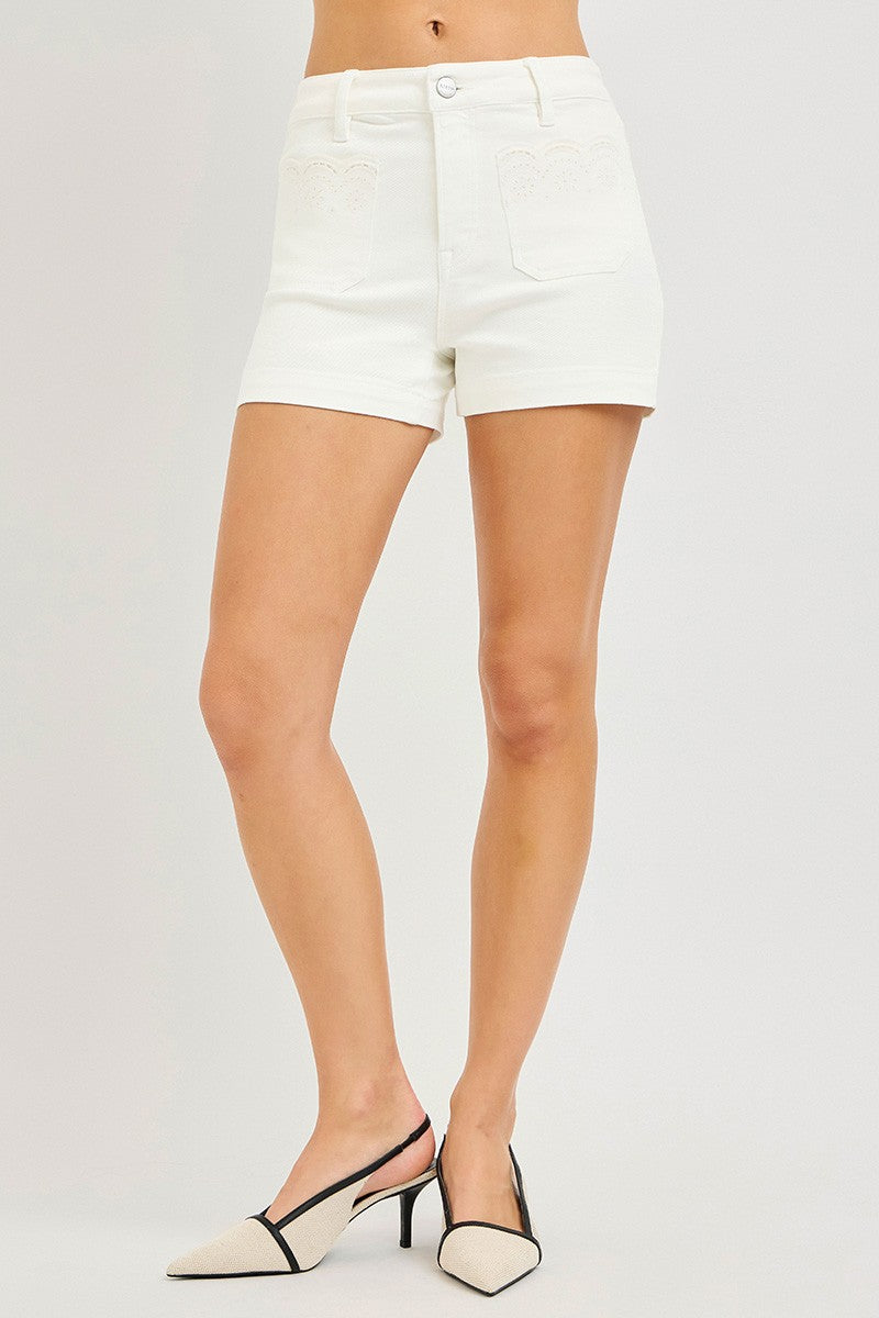 Risen Denim Shorts | Cream Scalloped Eyelet Embroidered