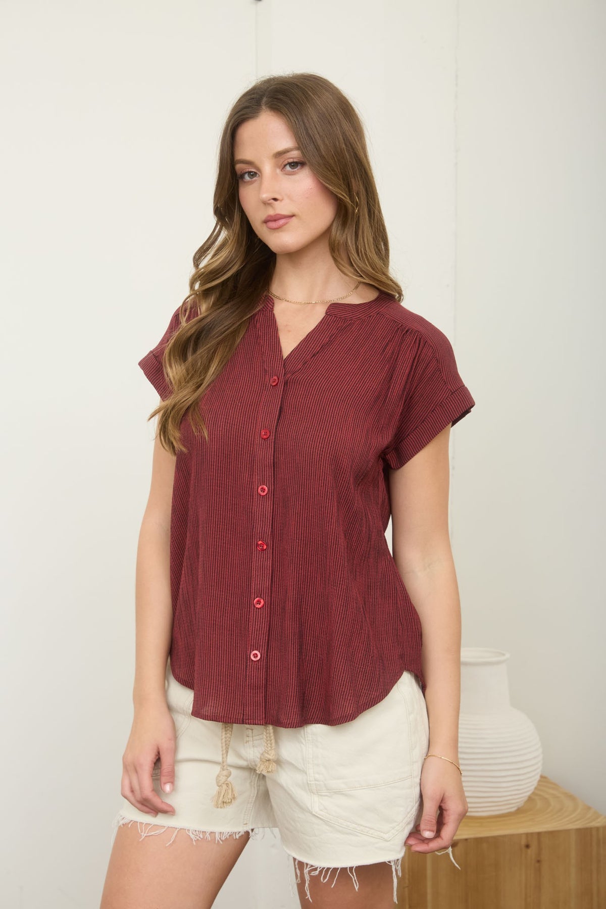 Pinstripe Cuff Sleeve Button Top | Burgundy