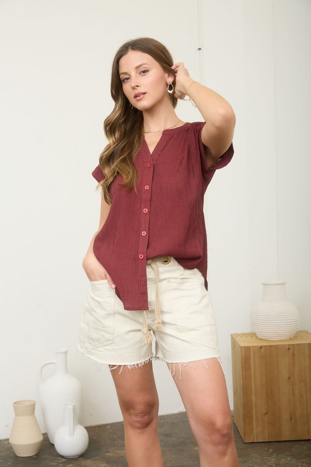 Pinstripe Cuff Sleeve Button Top | Burgundy