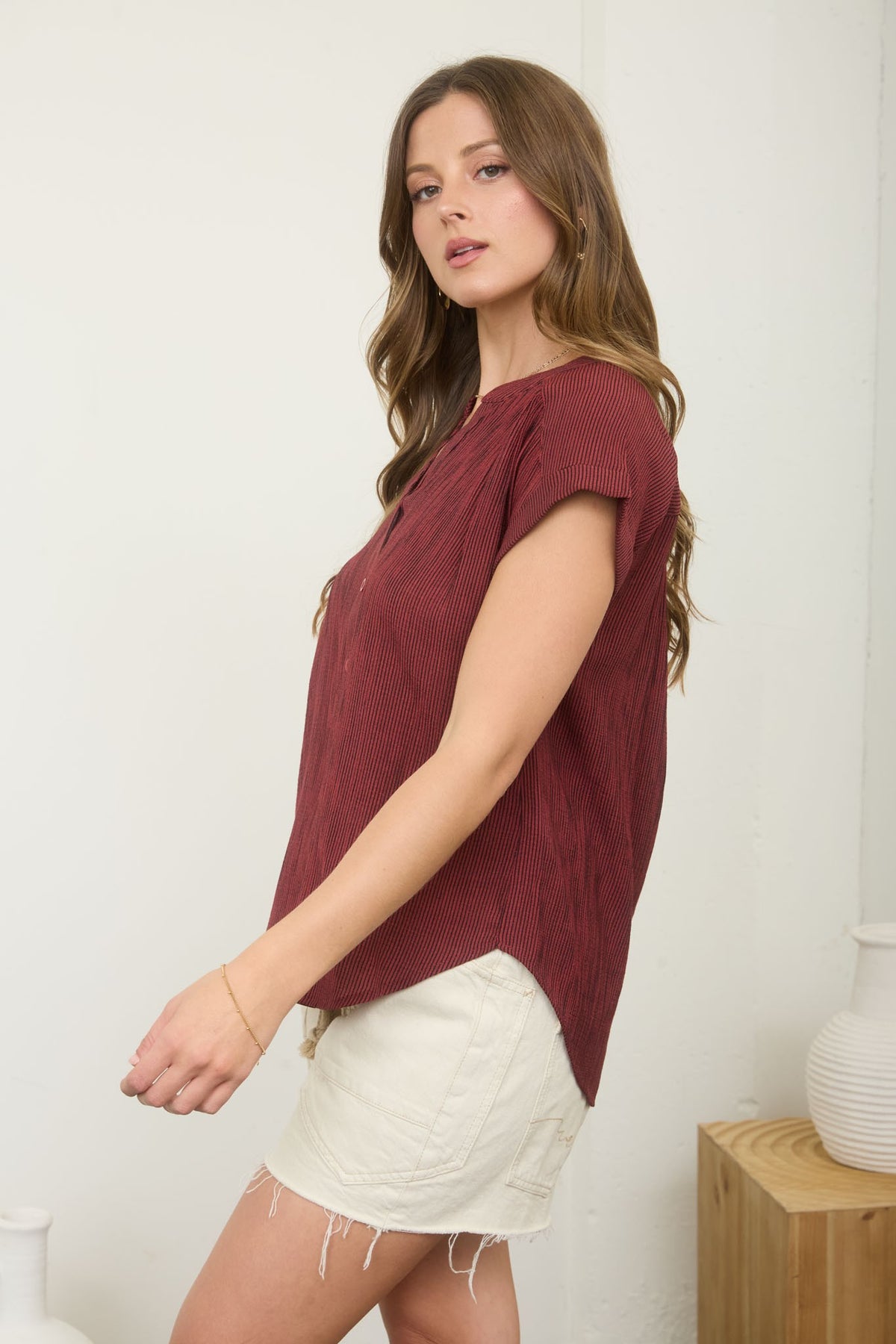 Pinstripe Cuff Sleeve Button Top | Burgundy