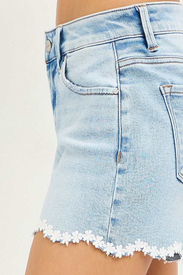 Risen Denim Shorts | Mid Rise Floral Lace Hem