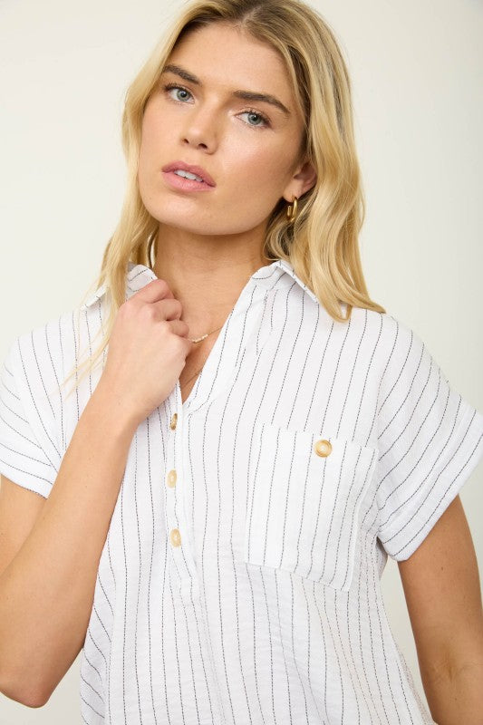 Striped Collar Half Button Top | White