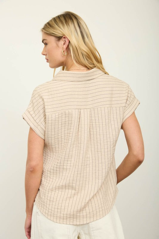 Striped Collar Half Button Top | Tan