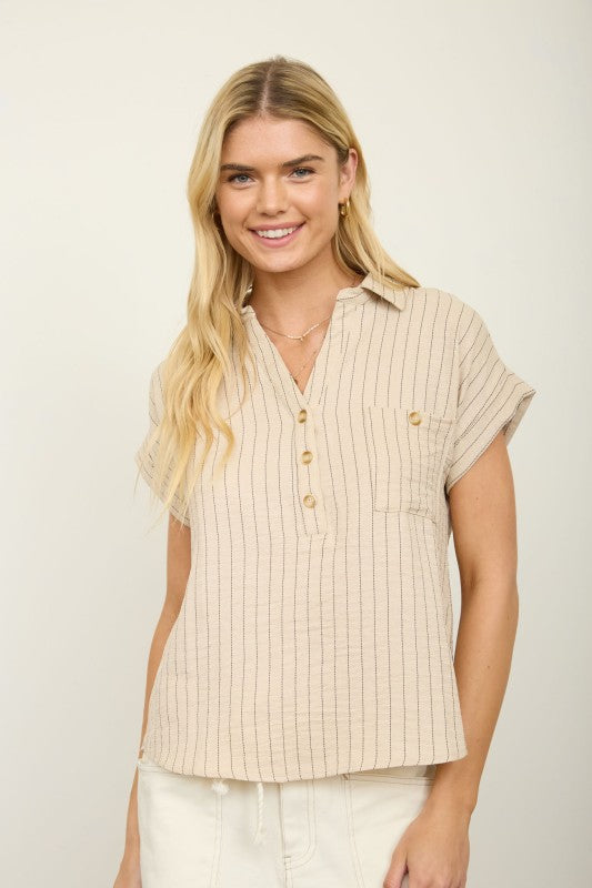 Striped Collar Half Button Top | Tan