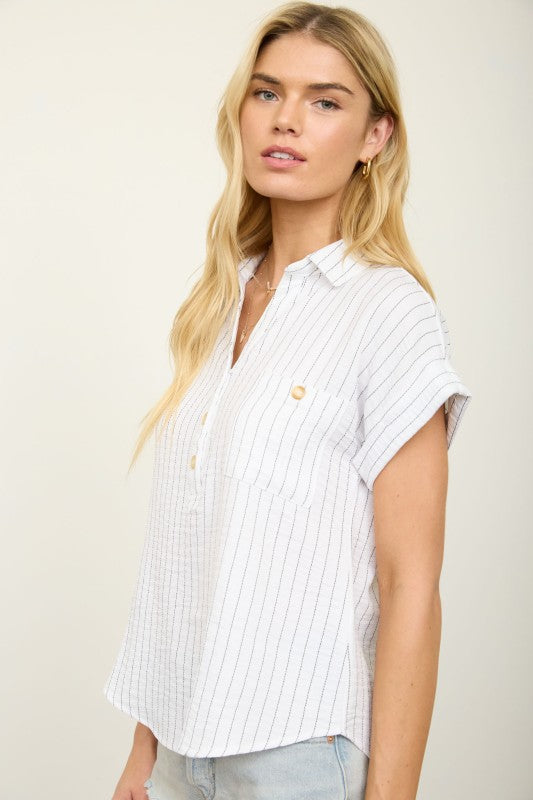 Striped Collar Half Button Top | White