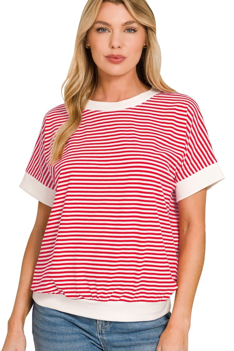Striped Short Sleeve Banded Top | Red