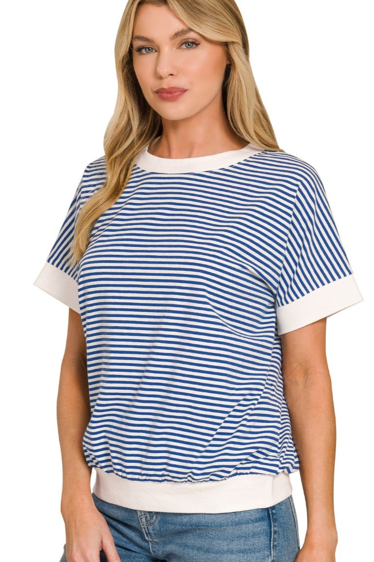 Striped Short Sleeve Banded Top | Blue