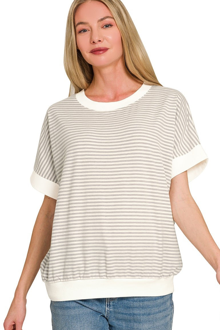 Striped Short Sleeve Banded Top | Heather Grey
